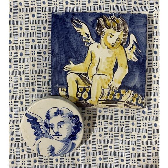 2 Angel Cherub Portuguese Ceramic Tiles Azulejo Trivet Coaster handpainted 5.4" - Picture 1 of 6